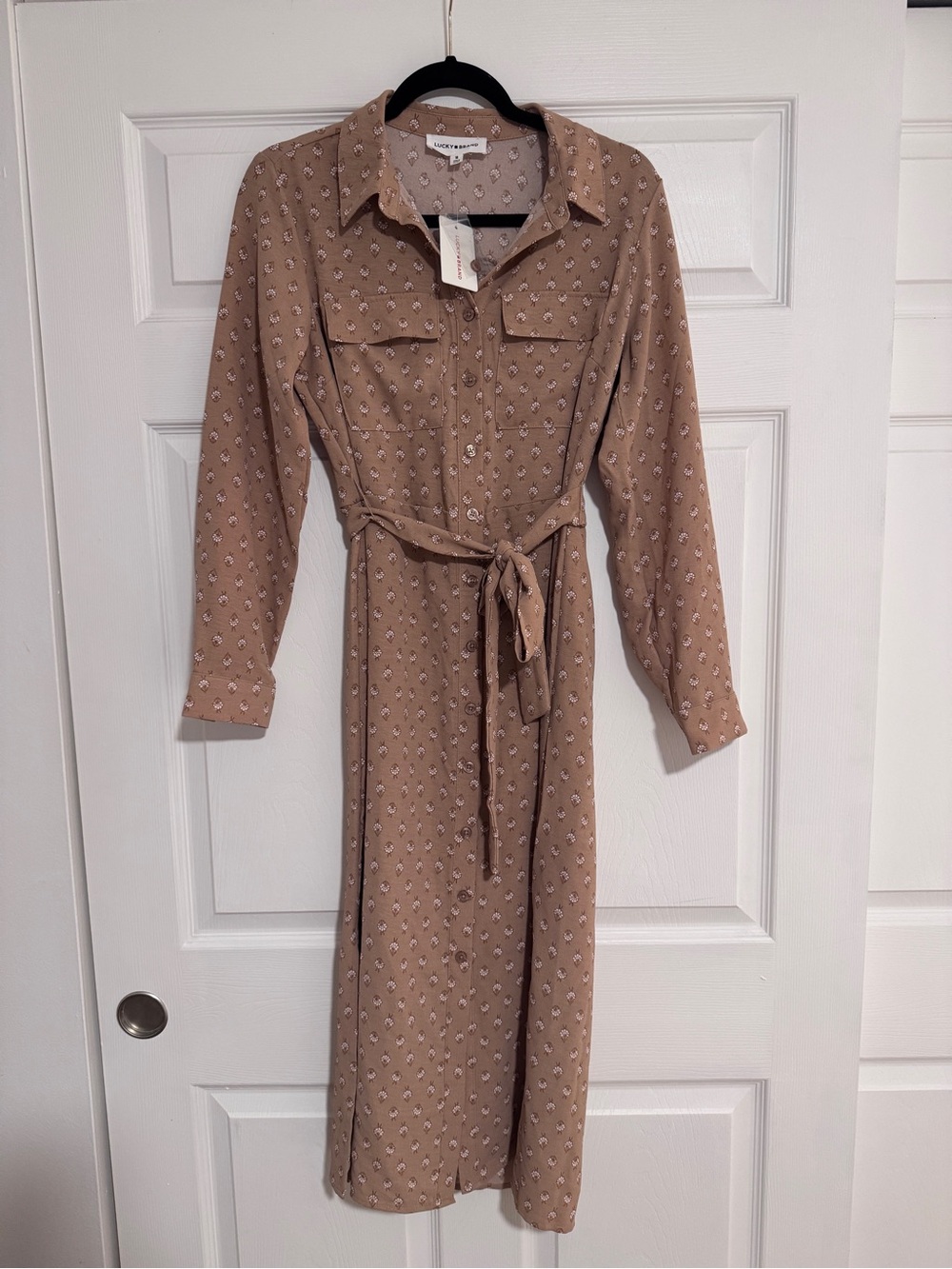 Lucky Brand Tan Floral Shirt Dress with Tie Waist